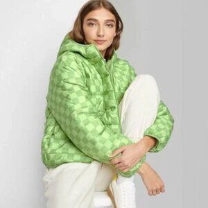 Wild Fable Green Checkered Puff Coat